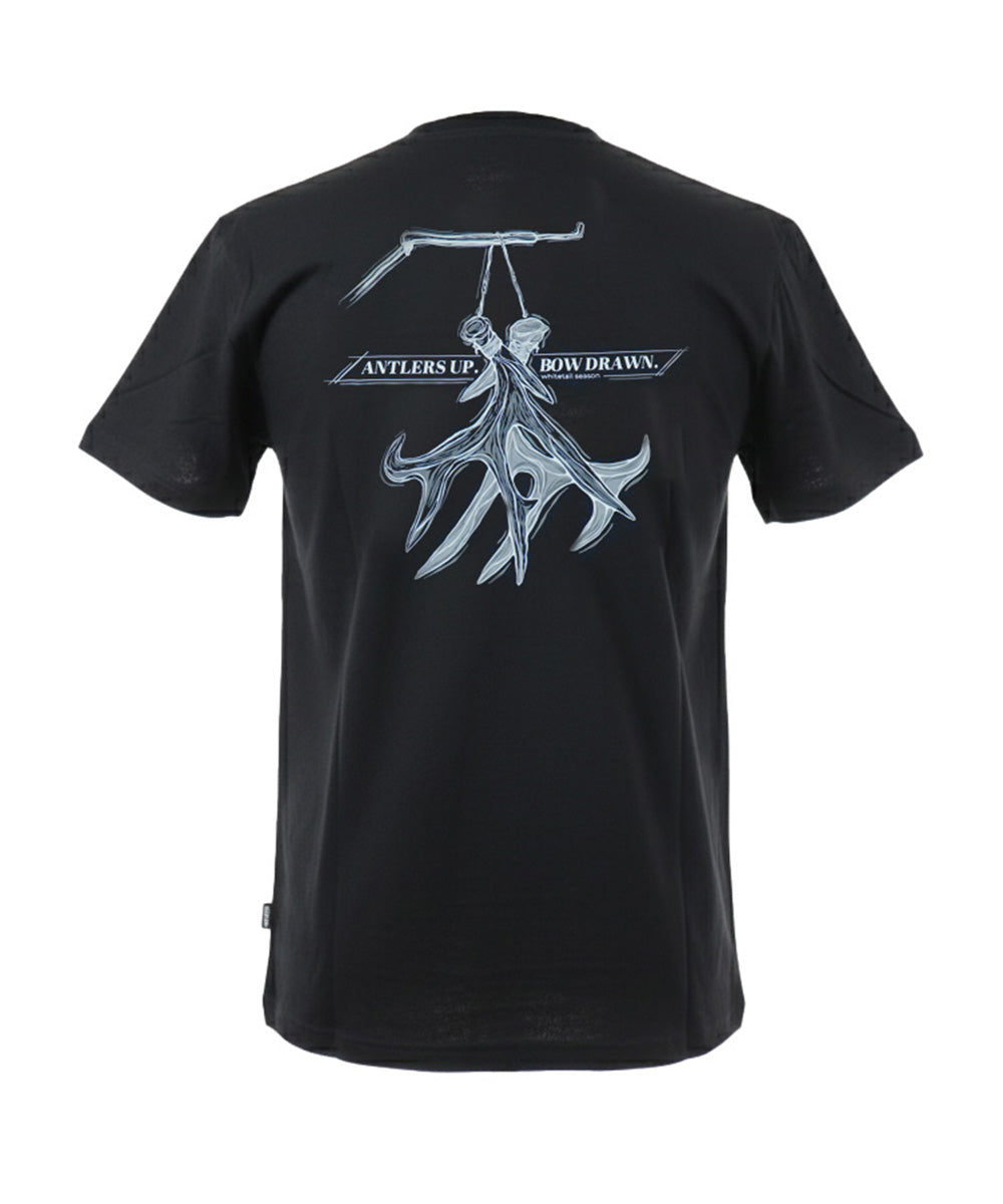Black t-shirt with graphic design on the back on a white background